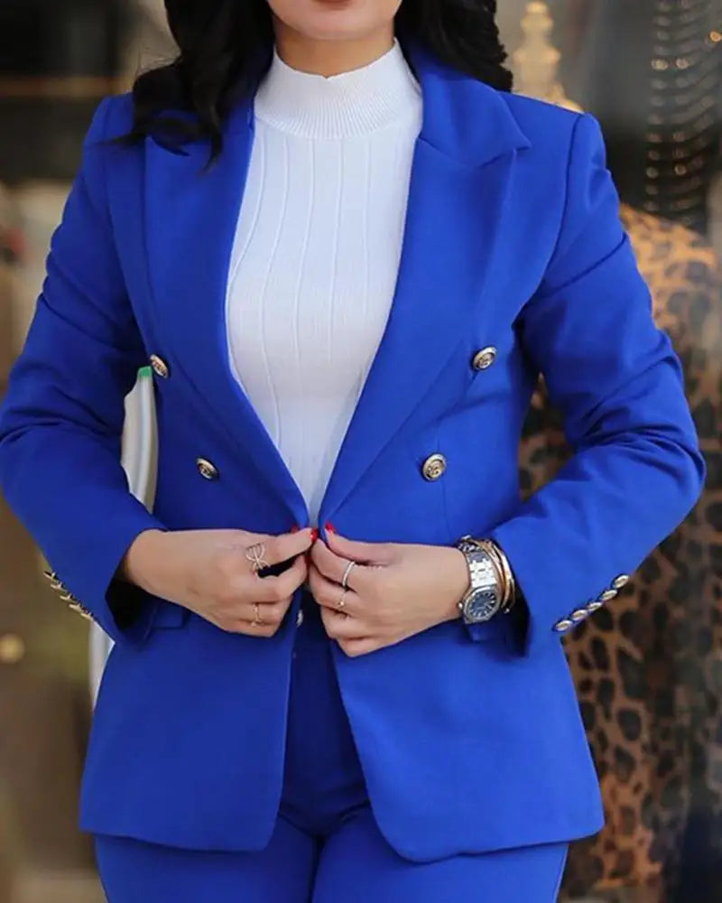 2Pcs Women's Solid Color Suit + Trousers Two-Piece Set Slim Fit Business Fashion Double Breasted Formal Female Clothes Outfit