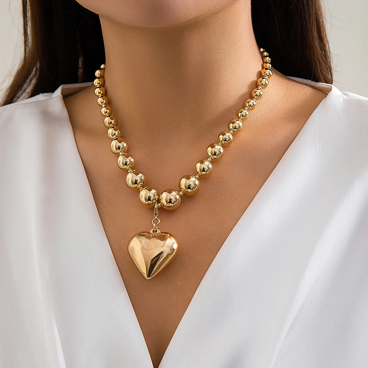 Big CCB Ball Beaded Chain and Heart Pendant Necklace for Women Trendy Choker Collar on the Neck Accessories 2024 Fashion Jewelry