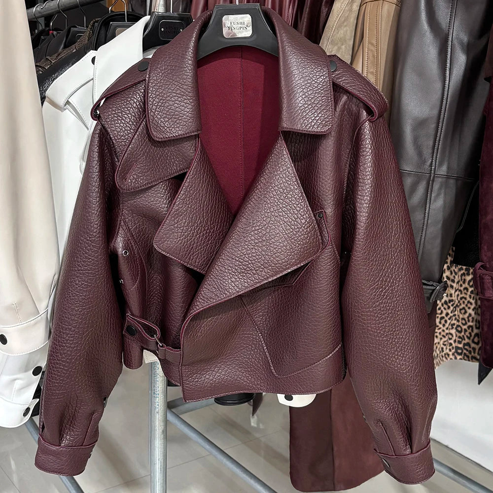 YOLOAgain 2025 Spring Loose Oversized Real Leather Jacket Women Streetwear
