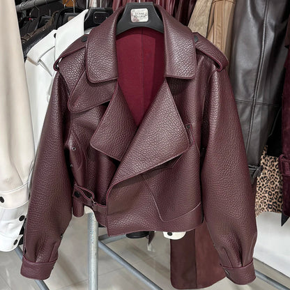YOLOAgain 2025 Spring Loose Oversized Real Leather Jacket Women Streetwear