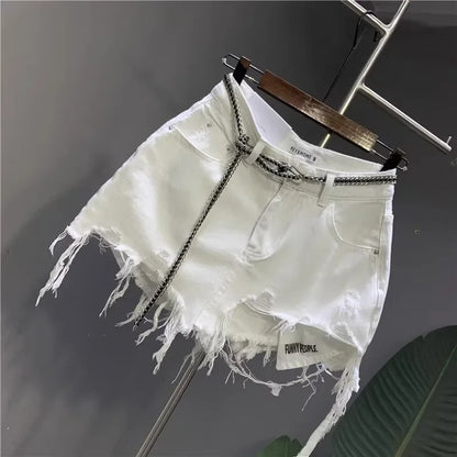 New Korean White Raw Irregular Denim Skirt Women's Anti-Walk Naked Hole Pocket Exposed Short Skirt