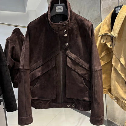 YOLOAgain Chocolate Brown Suede Jacket Women Real Leather Jacket Female
