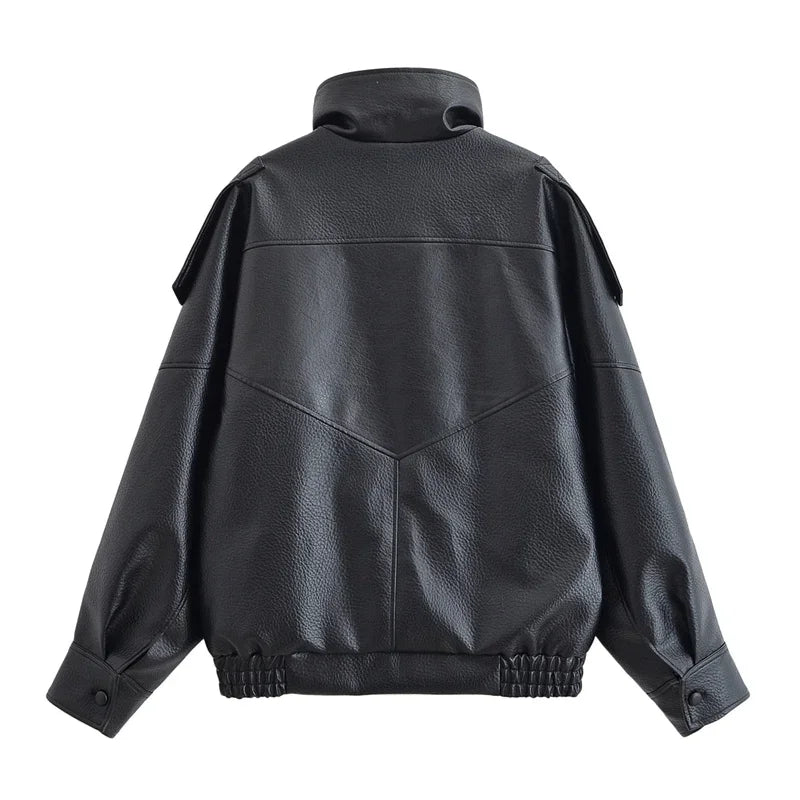 Women's Jacket Fall 2025 New Black Long Sleeve Pebble Faux Leather Jacket Motorcycle Style Personality Fashion