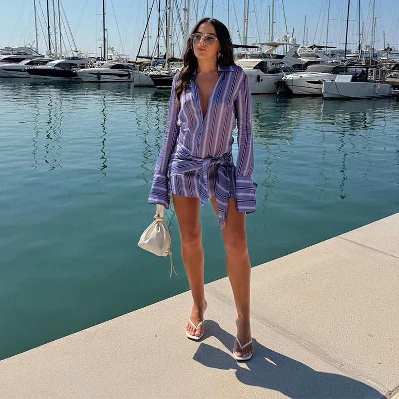 Collared Button Women's Front Sheer Vertical Stripe Two Piece Set Long Cuff Shirt High Waist Flared Wide Leg Long Pants 2026 New