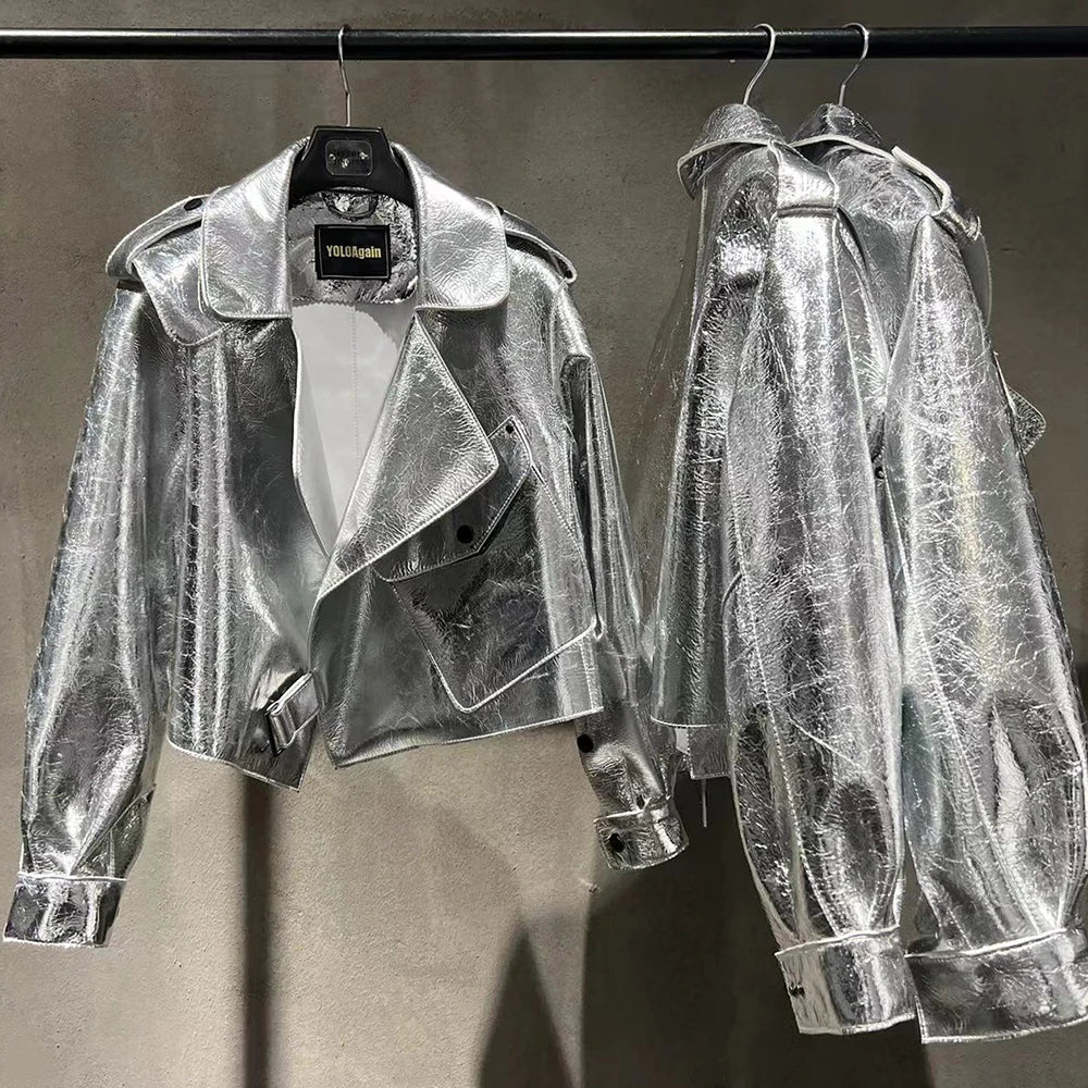 YOLOAgain 2025 Spring Loose Oversized Real Leather Jacket Women Streetwear