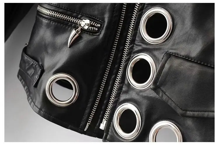 Black Short Leather Jacket 2026 Autumn New Women's Versatile Fashion Metal Circles Slim PU Leather Jackets Motorcycle tops