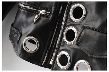 Black Short Leather Jacket 2026 Autumn New Women's Versatile Fashion Metal Circles Slim PU Leather Jackets Motorcycle tops