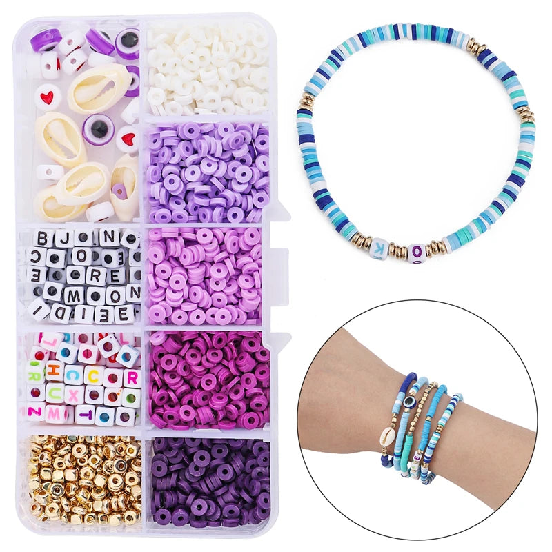 10 Grid Beads Craft Kit (Polymer Clay & Letters) | DIY Elastic Bracelet Set for Girls (Perfect Creative Gift Idea)