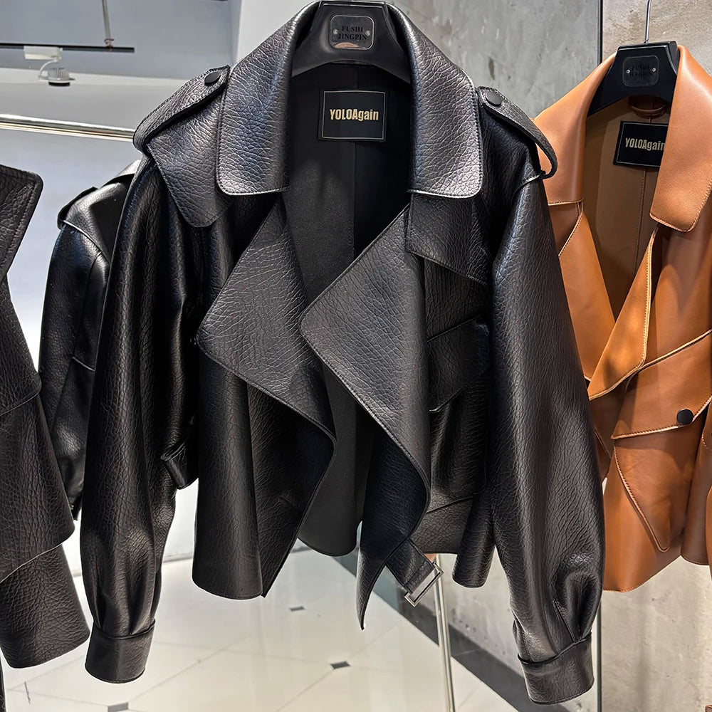 YOLOAgain 2025 Spring Loose Oversized Real Leather Jacket Women Streetwear