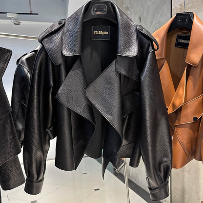 YOLOAgain 2025 Spring Loose Oversized Real Leather Jacket Women Streetwear