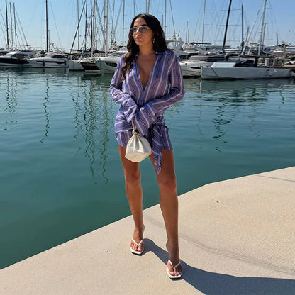 Collared Button Women's Front Sheer Vertical Stripe Two Piece Set Long Cuff Shirt High Waist Flared Wide Leg Long Pants 2026 New