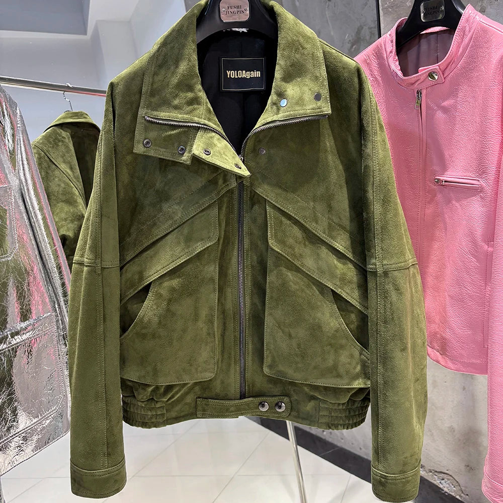 YOLOAgain Chocolate Brown Suede Jacket Women Real Leather Jacket Female