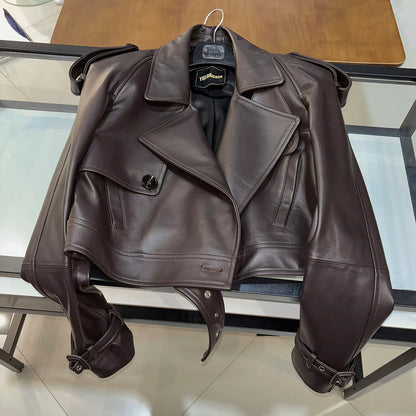 YOLOAgain Long Sleeve Dark Brown Suede Jacket Women Real Leather Jacket