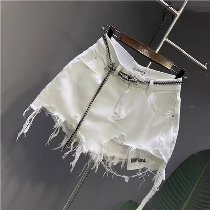 New Korean White Raw Irregular Denim Skirt Women's Anti-Walk Naked Hole Pocket Exposed Short Skirt