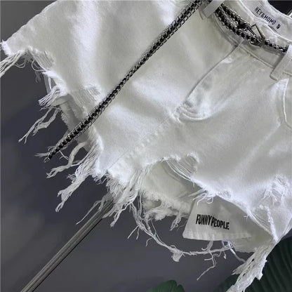 New Korean White Raw Irregular Denim Skirt Women's Anti-Walk Naked Hole Pocket Exposed Short Skirt