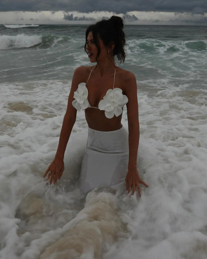 New Women Two Piece Set Skirt Suit 3D Flower Top Skirt Sleeveless Sweet Waist Chic Slit Skirt Beach Dance Robe