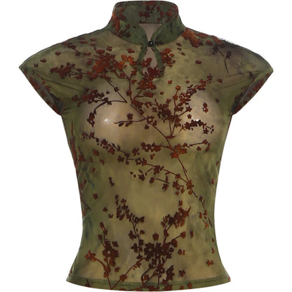 Whatiwear Tank Top Women Sexy See Through Sleeveless Plum Blossom Print Fashion Hottie Stretch Skinny Trend Street Club Vest