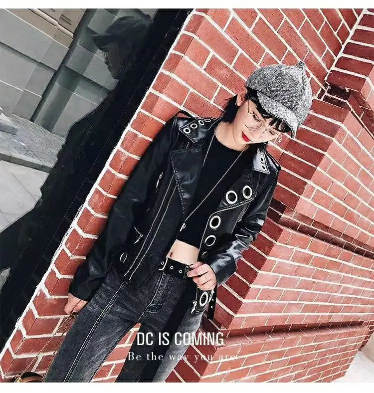 Black Short Leather Jacket 2026 Autumn New Women's Versatile Fashion Metal Circles Slim PU Leather Jackets Motorcycle tops