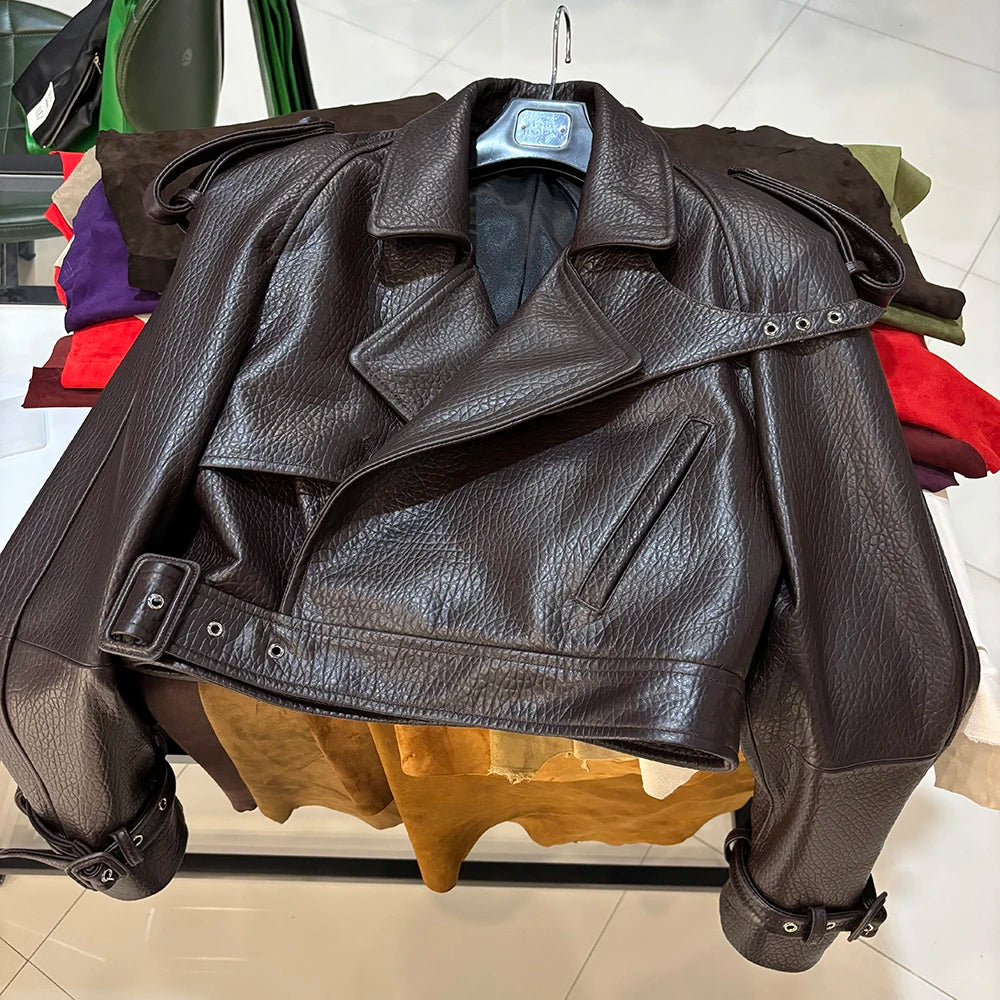 YOLOAgain Long Sleeve Dark Brown Suede Jacket Women Real Leather Jacket