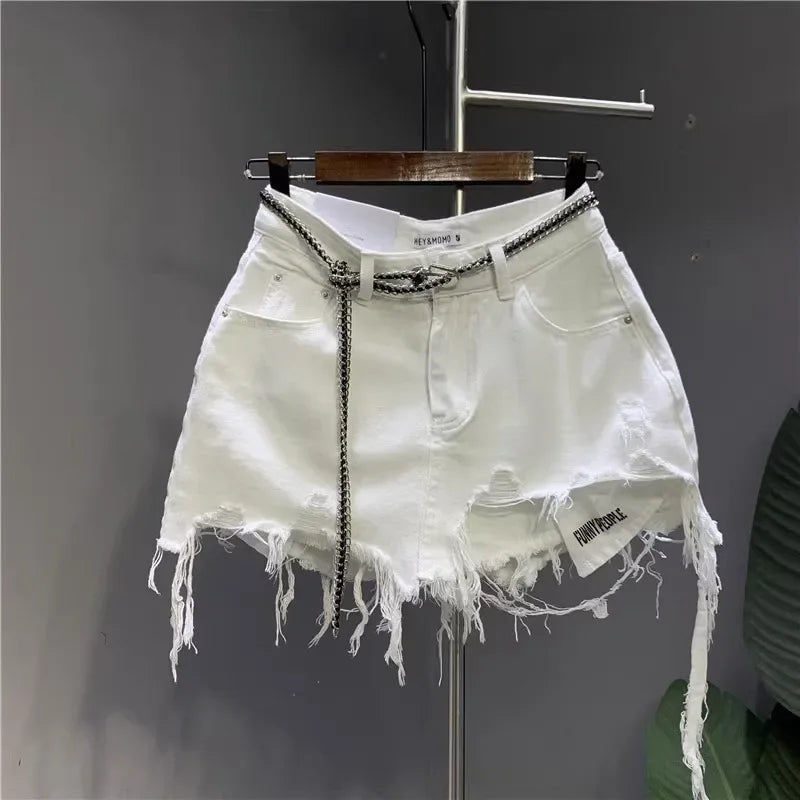 New Korean White Raw Irregular Denim Skirt Women's Anti-Walk Naked Hole Pocket Exposed Short Skirt