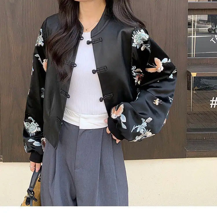 High-end Vintage Embroidery Patchwork Leather Jacket Women's Spring Autumn PU Leather Coat Long Sleeves Button Design Outerwear