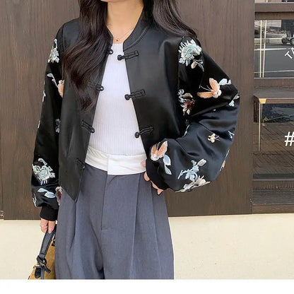 High-end Vintage Embroidery Patchwork Leather Jacket Women's Spring Autumn PU Leather Coat Long Sleeves Button Design Outerwear
