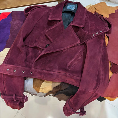 YOLOAgain Long Sleeve Dark Brown Suede Jacket Women Real Leather Jacket