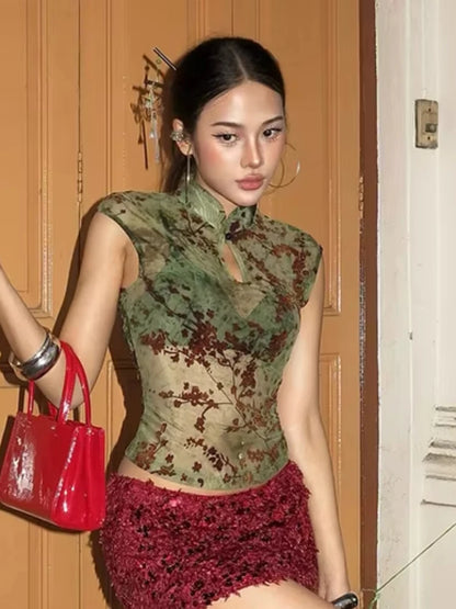 Whatiwear Tank Top Women Sexy See Through Sleeveless Plum Blossom Print Fashion Hottie Stretch Skinny Trend Street Club Vest