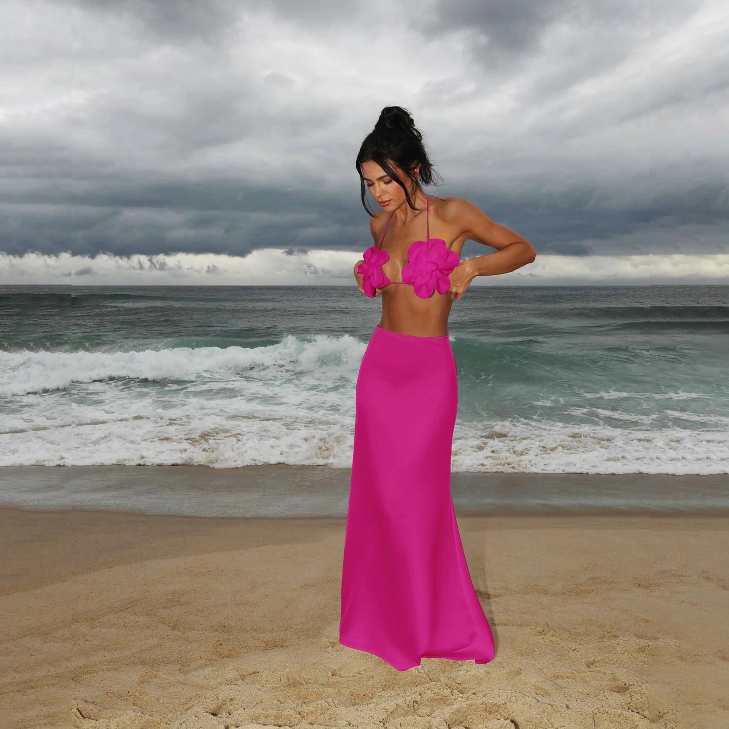New Women Two Piece Set Skirt Suit 3D Flower Top Skirt Sleeveless Sweet Waist Chic Slit Skirt Beach Dance Robe