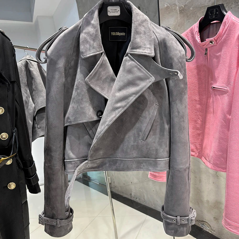 YOLOAgain Long Sleeve Dark Brown Suede Jacket Women Real Leather Jacket