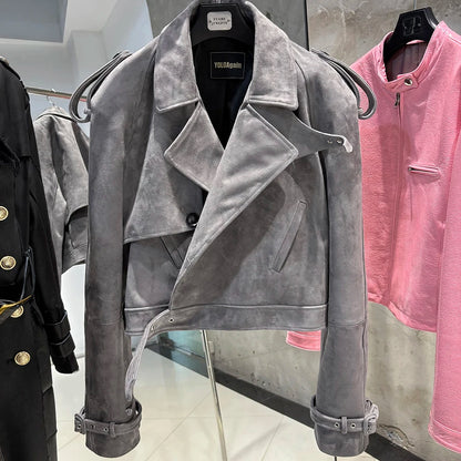 YOLOAgain Long Sleeve Dark Brown Suede Jacket Women Real Leather Jacket