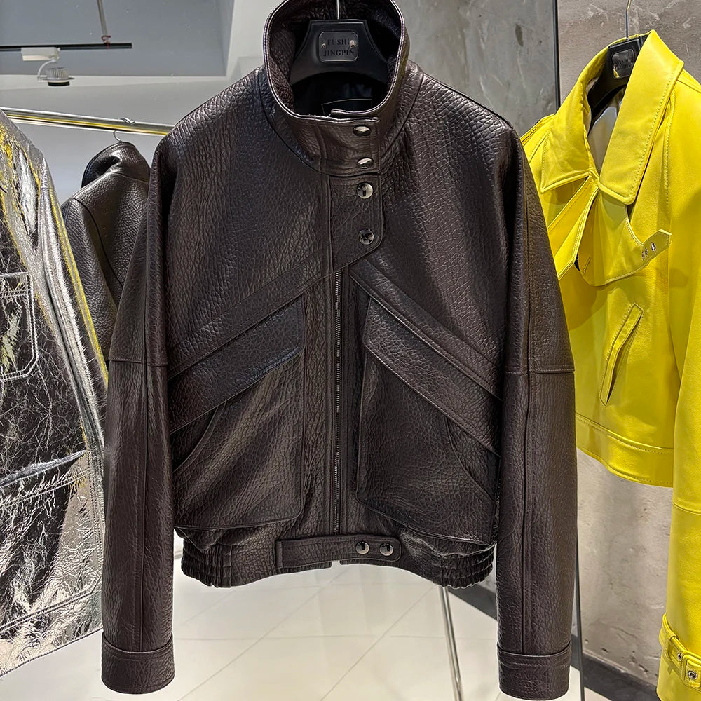 YOLOAgain Chocolate Brown Suede Jacket Women Real Leather Jacket Female