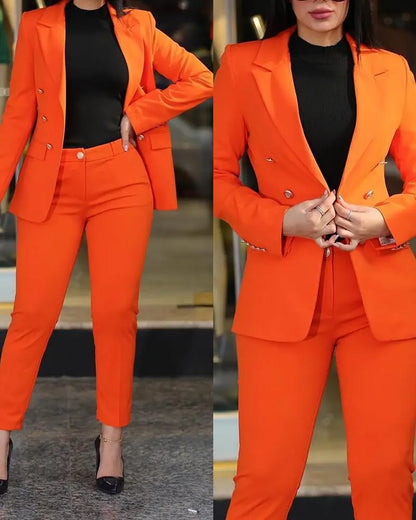 2Pcs Women's Solid Color Suit + Trousers Two-Piece Set Slim Fit Business Fashion Double Breasted Formal Female Clothes Outfit