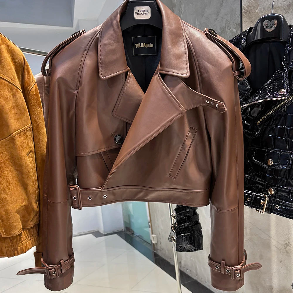 YOLOAgain Long Sleeve Dark Brown Suede Jacket Women Real Leather Jacket