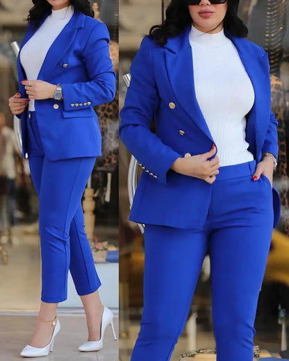 2Pcs Women's Solid Color Suit + Trousers Two-Piece Set Slim Fit Business Fashion Double Breasted Formal Female Clothes Outfit