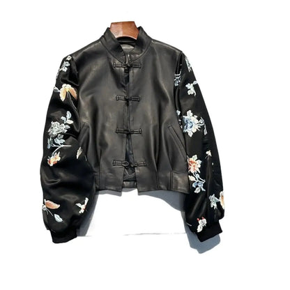 High-end Vintage Embroidery Patchwork Leather Jacket Women's Spring Autumn PU Leather Coat Long Sleeves Button Design Outerwear