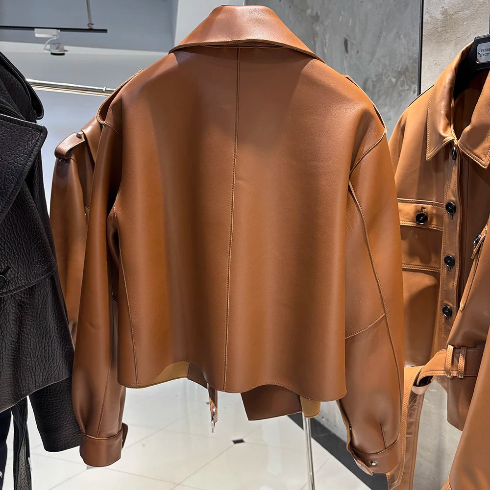 YOLOAgain 2025 Spring Loose Oversized Real Leather Jacket Women Streetwear