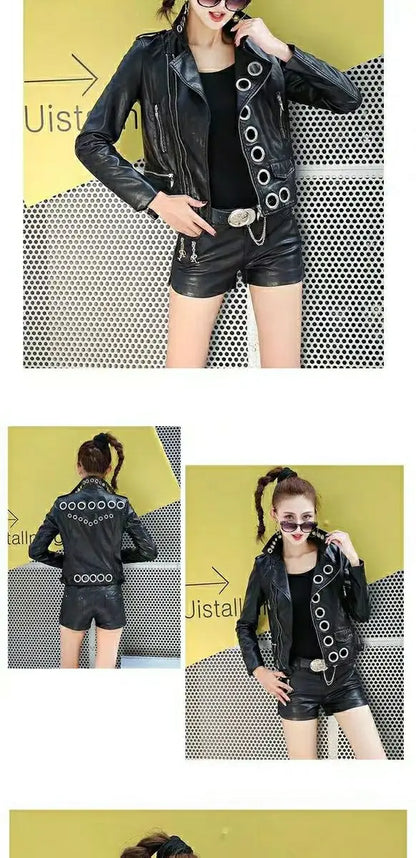 Black Short Leather Jacket 2026 Autumn New Women's Versatile Fashion Metal Circles Slim PU Leather Jackets Motorcycle tops
