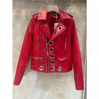 Black Short Leather Jacket 2026 Autumn New Women's Versatile Fashion Metal Circles Slim PU Leather Jackets Motorcycle tops