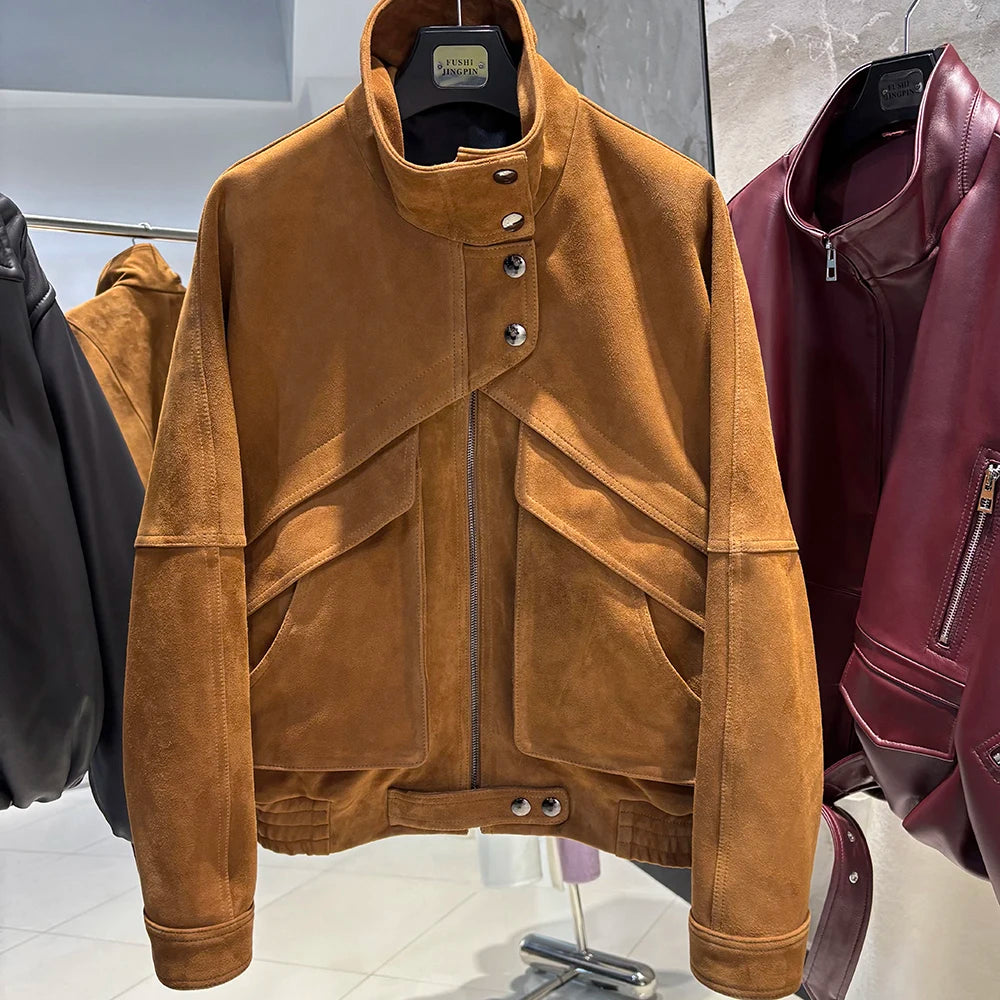 YOLOAgain Chocolate Brown Suede Jacket Women Real Leather Jacket Female