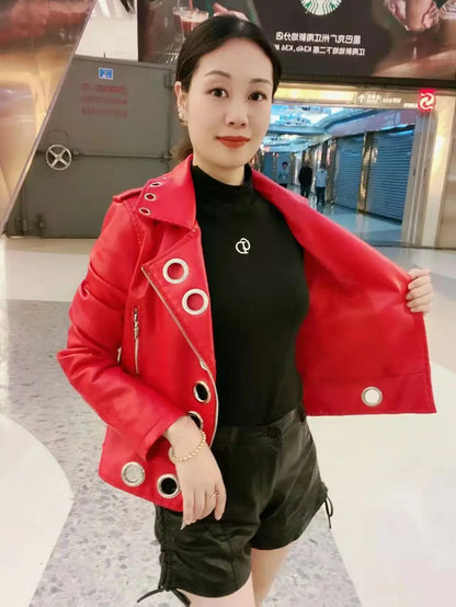 Black Short Leather Jacket 2026 Autumn New Women's Versatile Fashion Metal Circles Slim PU Leather Jackets Motorcycle tops