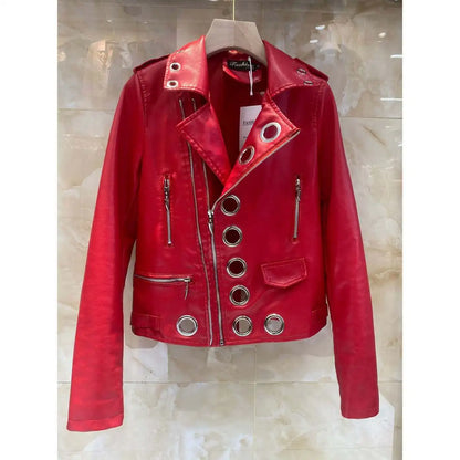Black Short Leather Jacket 2026 Autumn New Women's Versatile Fashion Metal Circles Slim PU Leather Jackets Motorcycle tops