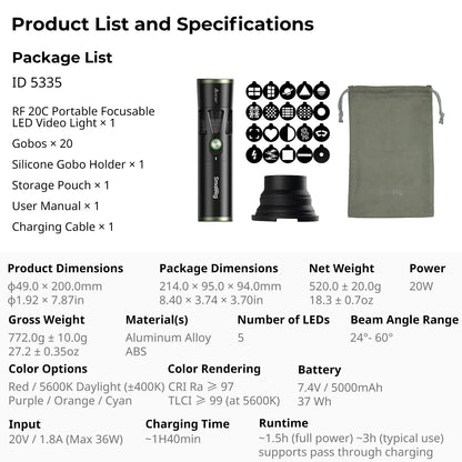SmallRig RF 20C Portable Focusable LED Video Light 20W Mini Spotlight for SP Air Projection Lens RA-S200 Light Stand 5335