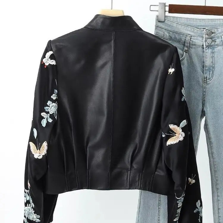 High-end Vintage Embroidery Patchwork Leather Jacket Women's Spring Autumn PU Leather Coat Long Sleeves Button Design Outerwear