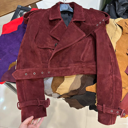 YOLOAgain Long Sleeve Dark Brown Suede Jacket Women Real Leather Jacket