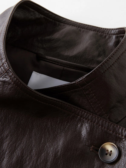 DUSHU Plus Size Women's [COCO MOUSSE] Protein Leather Stand-Up Collar Long Overcoat 2025 Autumn Stylish Leather Jacket