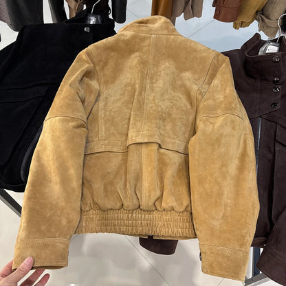 YOLOAgain Chocolate Brown Suede Jacket Women Real Leather Jacket Female