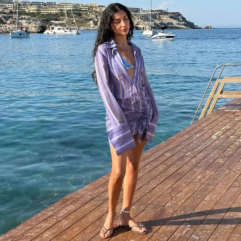 Collared Button Women's Front Sheer Vertical Stripe Two Piece Set Long Cuff Shirt High Waist Flared Wide Leg Long Pants 2026 New