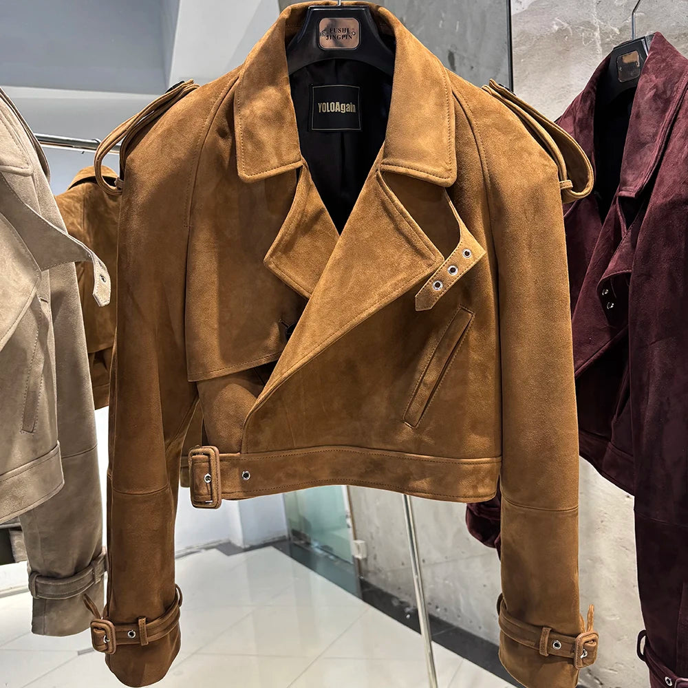 YOLOAgain Long Sleeve Dark Brown Suede Jacket Women Real Leather Jacket