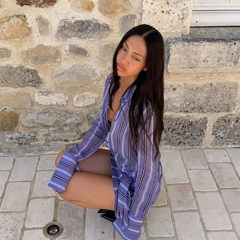 Collared Button Women's Front Sheer Vertical Stripe Two Piece Set Long Cuff Shirt High Waist Flared Wide Leg Long Pants 2026 New